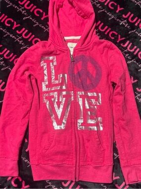 2000s pink LOVE zip up hoodie with peace sign